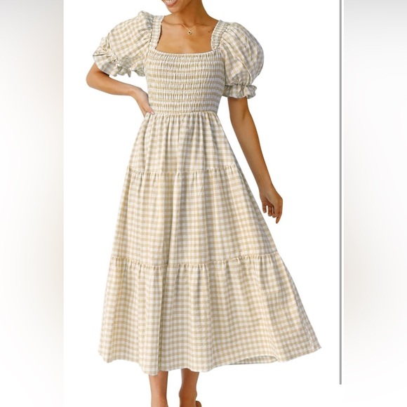 ZESICA Bohemian Summer Plaid Square Neck Puff Sleeve Ruffle Beach Midi Dress - Picture 4 of 4